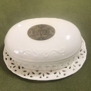 THL Classic French Cottage Butter Dish Covered White Shabby Farmhouse Retired